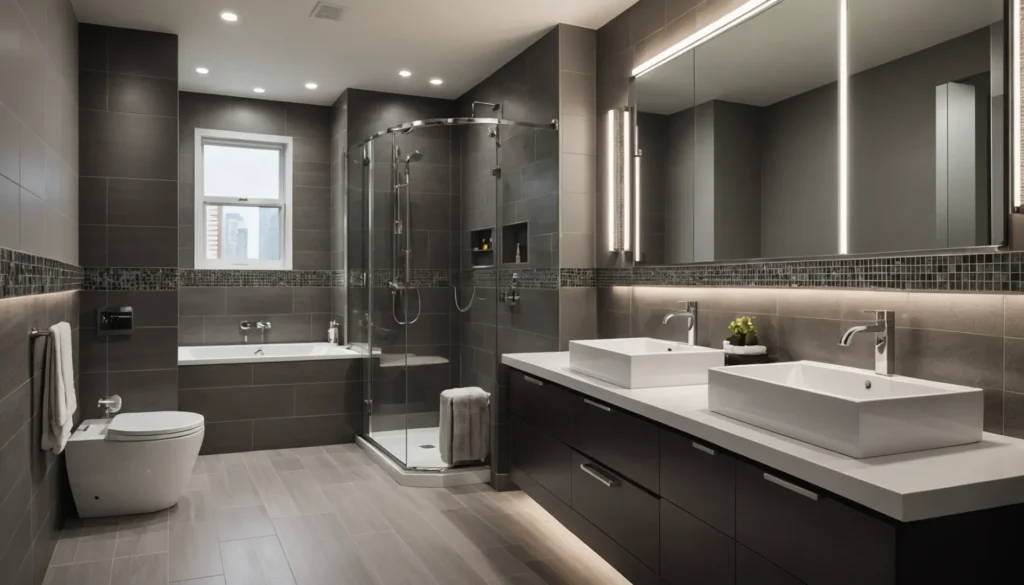 Modern bathroom with different tile trims on adjacent walls