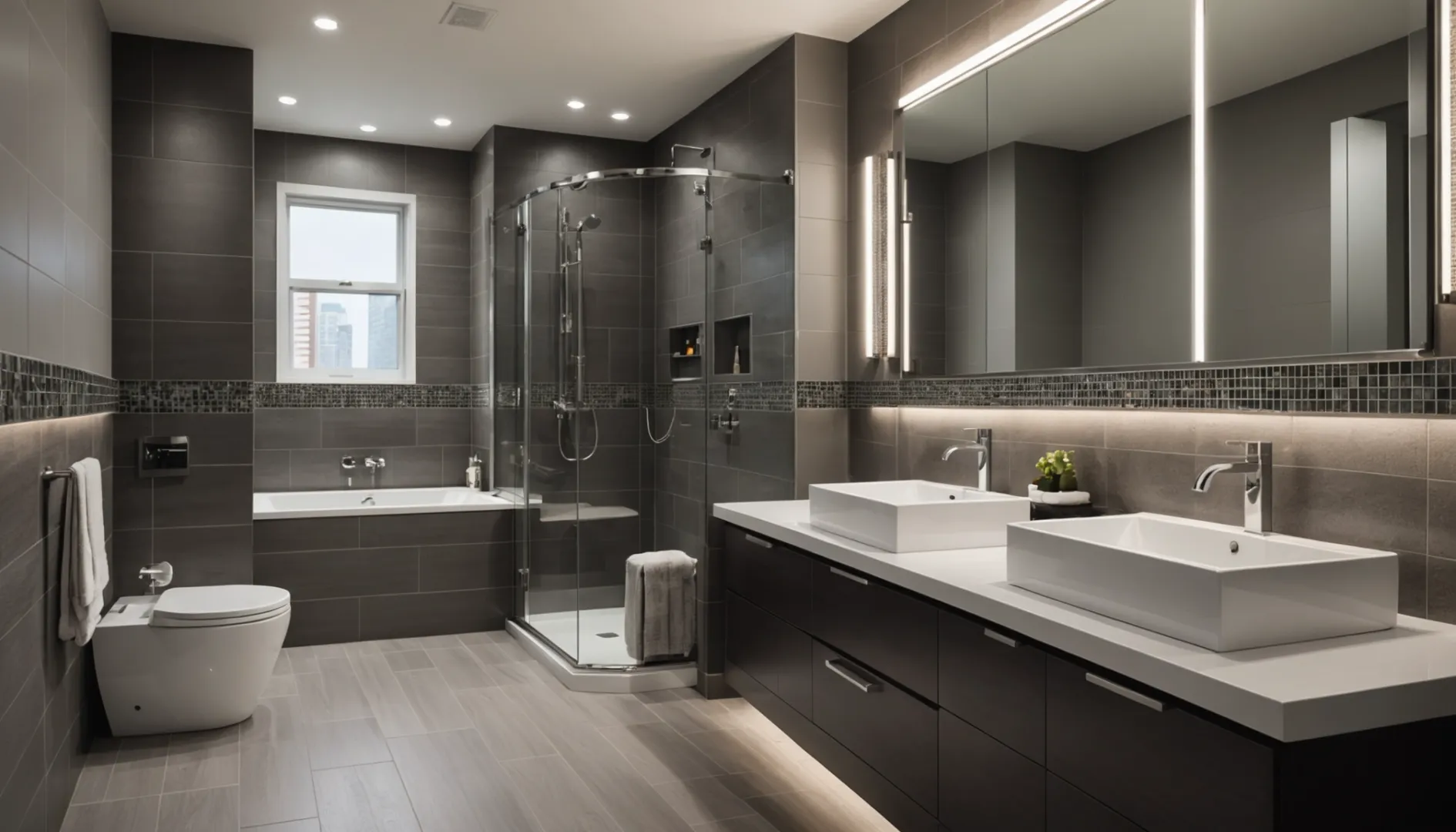 Modern bathroom with different tile trims on adjacent walls
