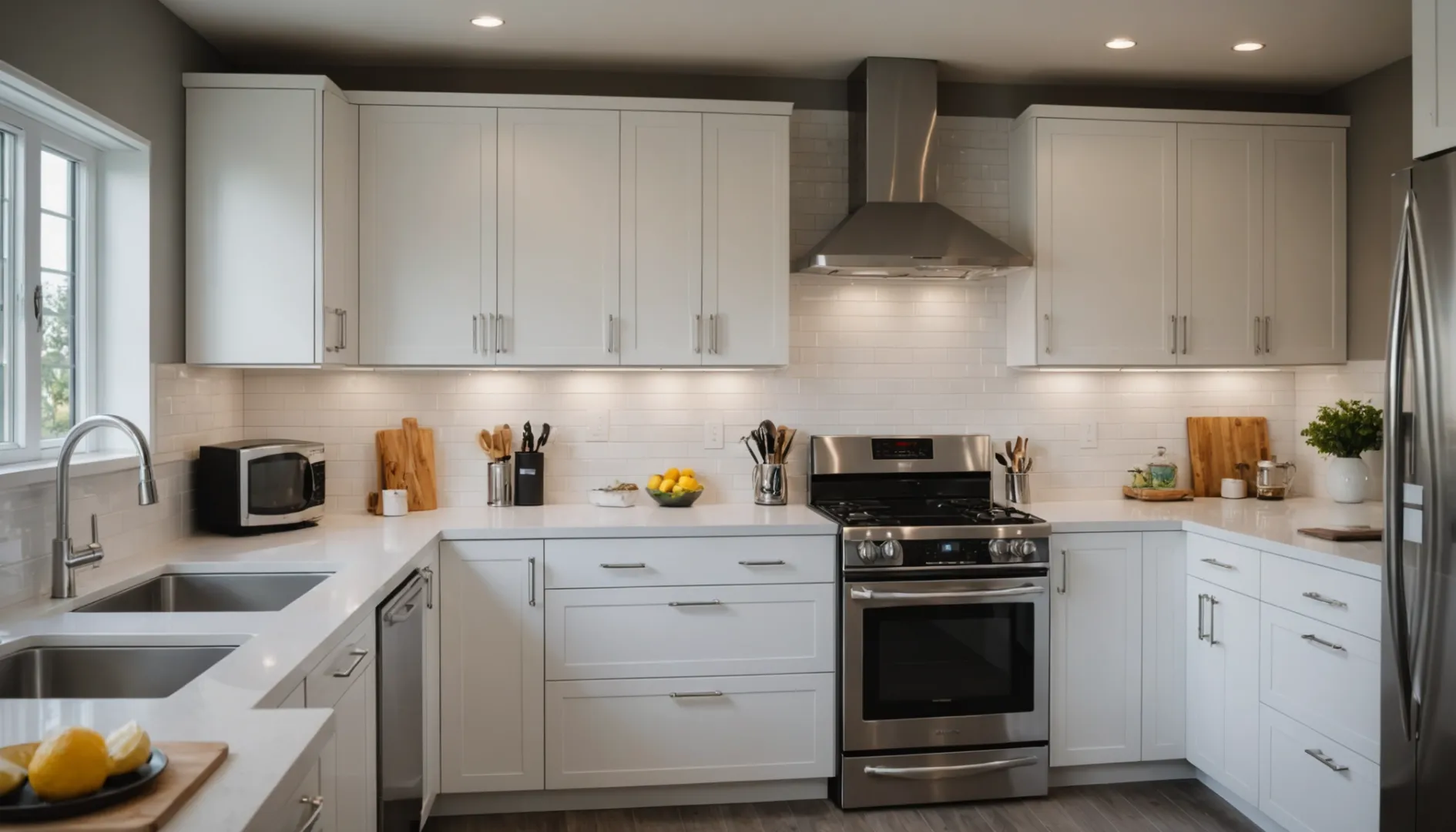 A modern kitchen and bathroom showcasing PVC tile trim