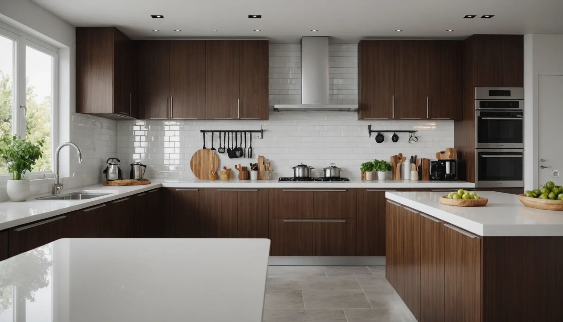 Modern kitchen interior with aluminum tile trim and natural light
