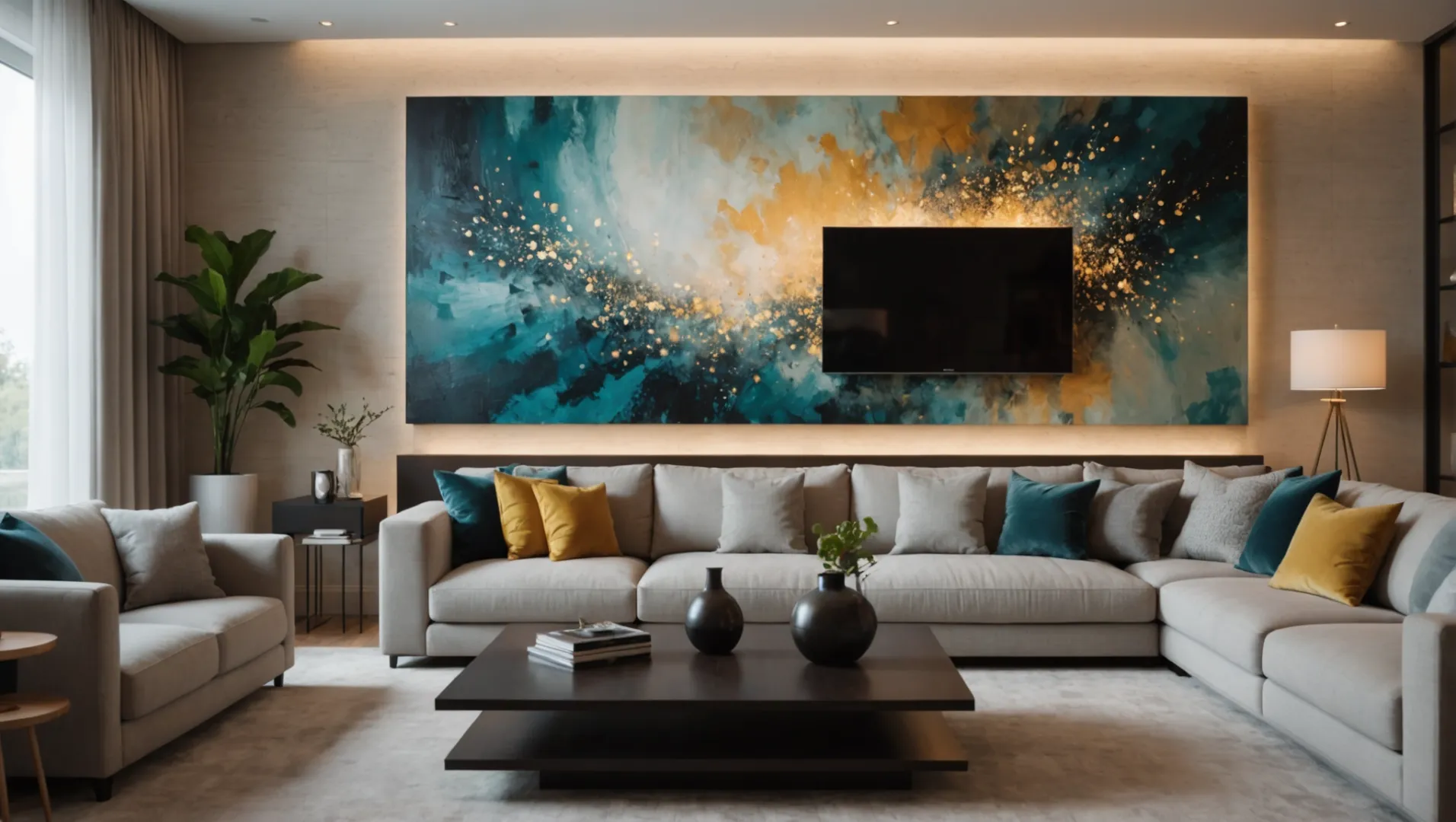 Modern living room with wall-mounted LED lights highlighting art and textures