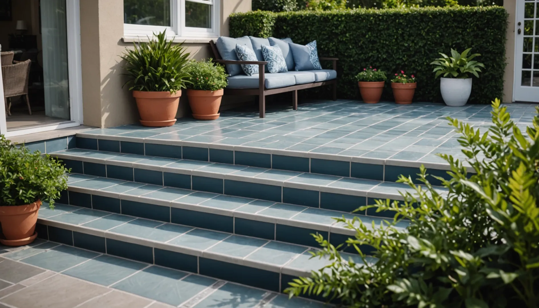 Outdoor patio with tile trim installation showing neat edges and weather protection.