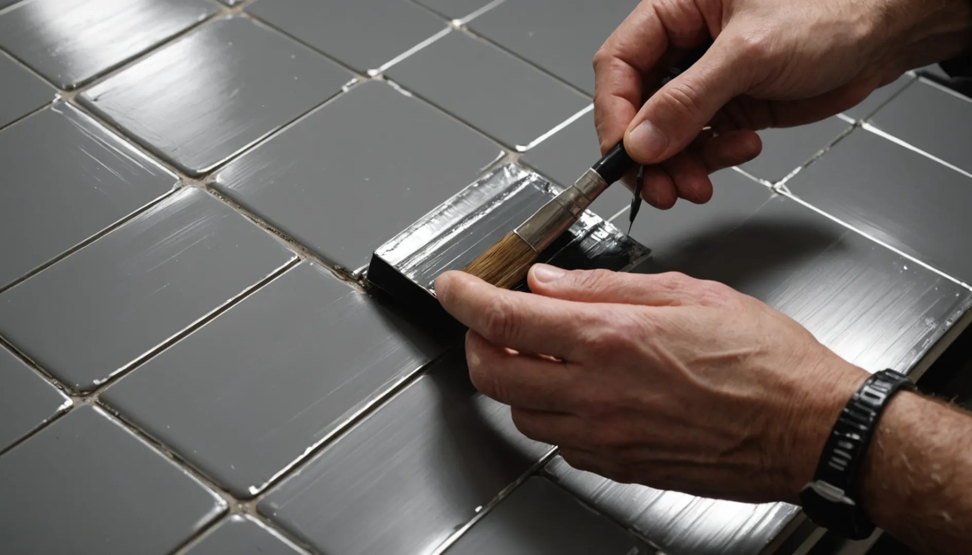 A person painting metal tile edge trim with precision