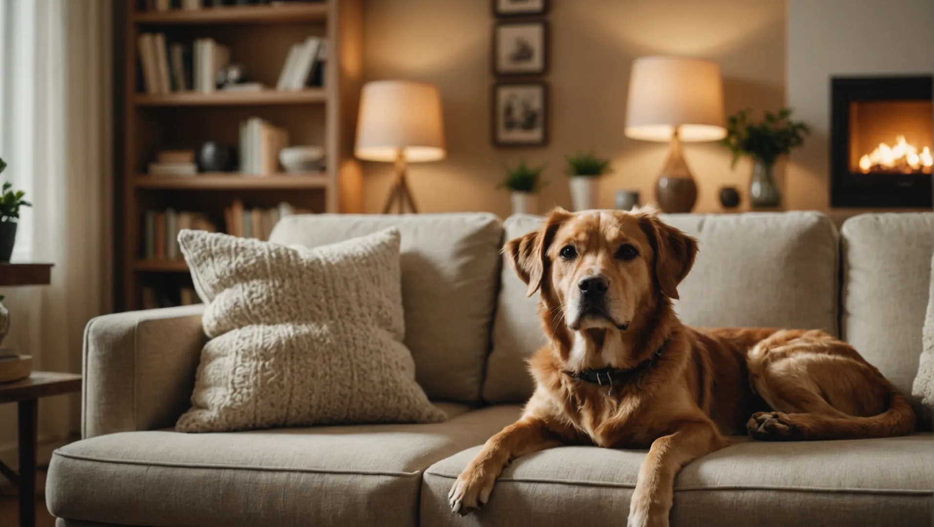 A cozy living room with pet-friendly lighting setup, featuring soft lamps and a relaxed dog.