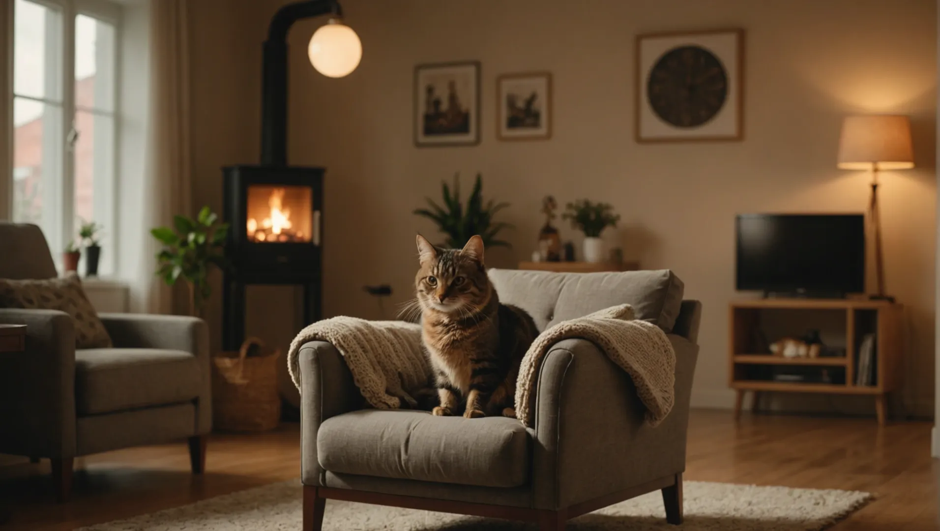 A cozy living room with pet-friendly LED lighting.