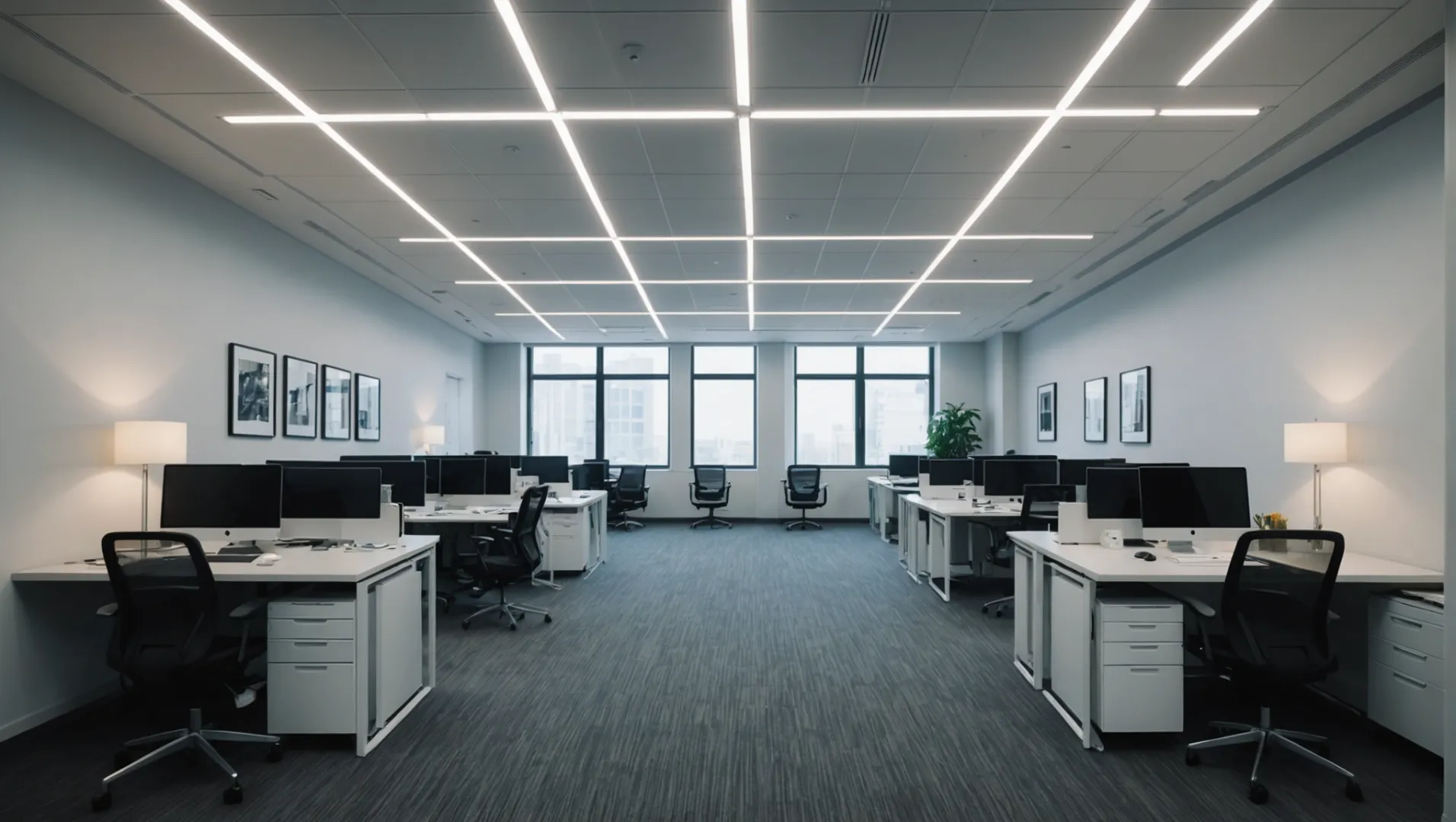 Plastic LED tube lights installed in a modern office