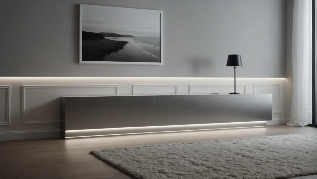Different skirting board styles including LED, aluminum, stainless steel, and MDF displayed in a modern living room.