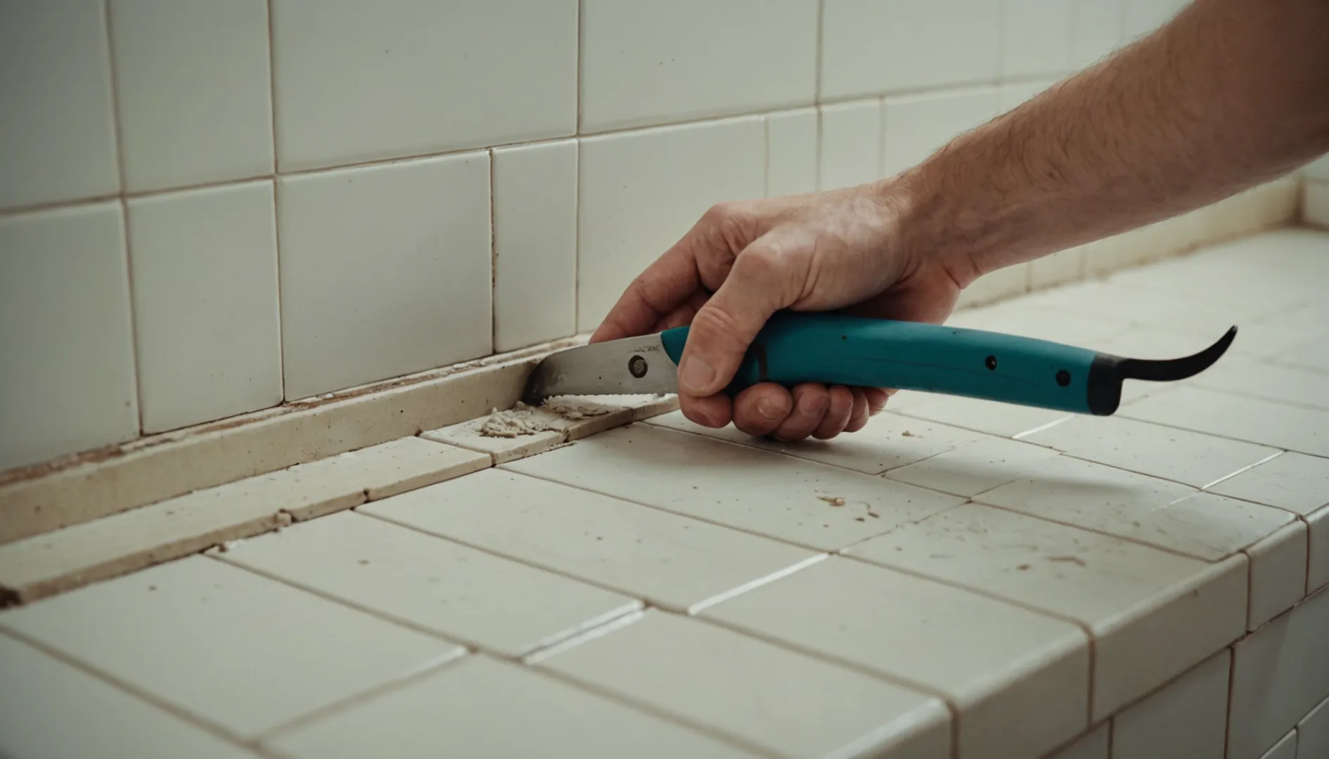 Person replacing tile trim with tools