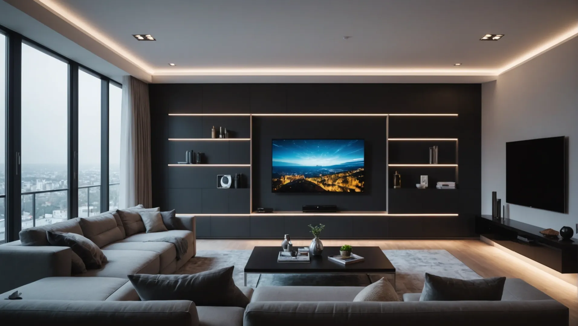 Smart technology integrated with aluminium LED profiles in a modern living room