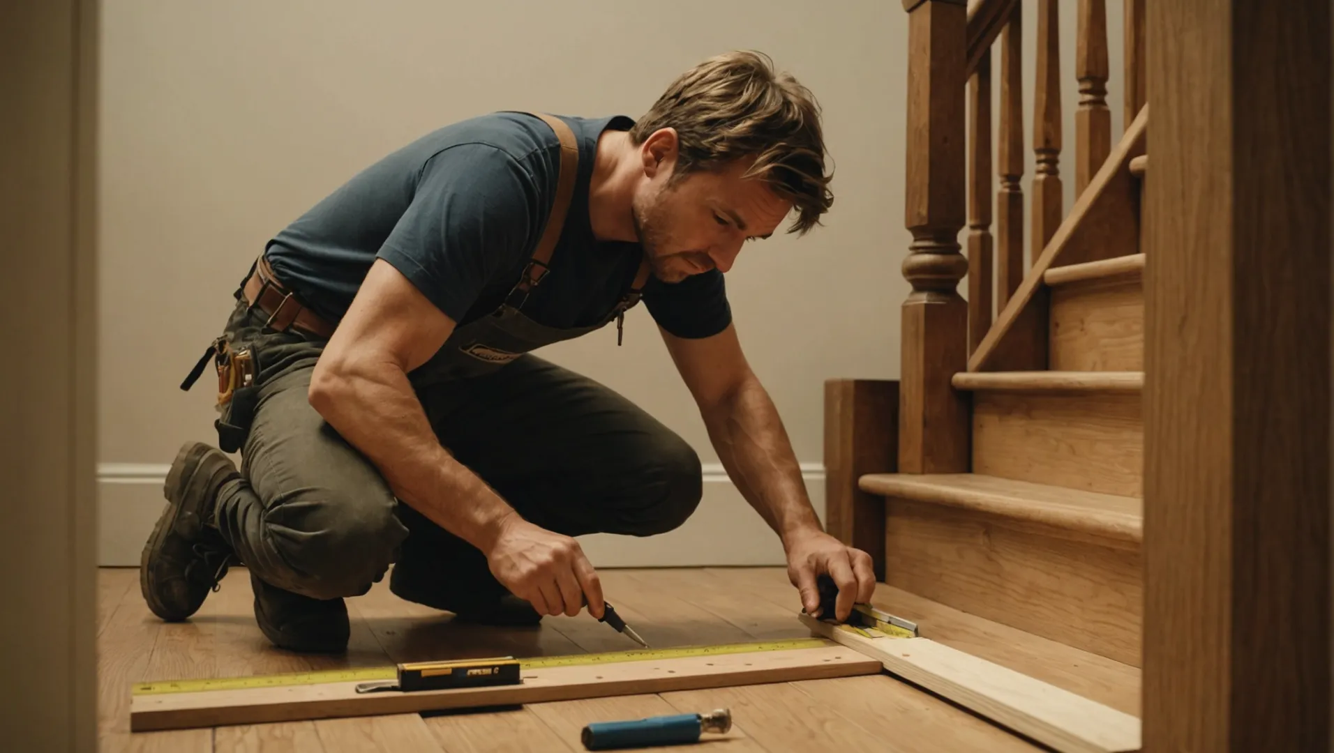 Person installing a stair skirtboard using a saw and level