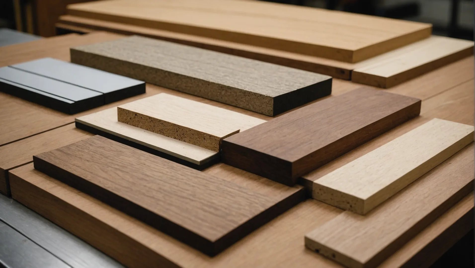 Different materials for stair skirtboards displayed in a workshop setting.