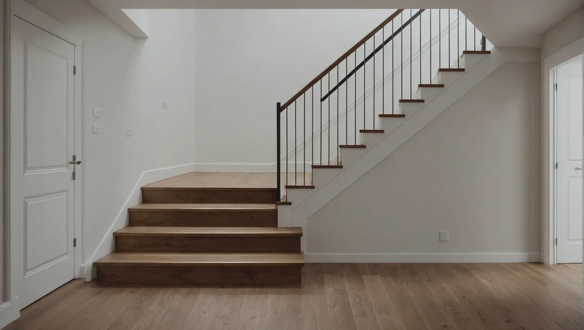A wooden staircase with a white skirtboard along the wall