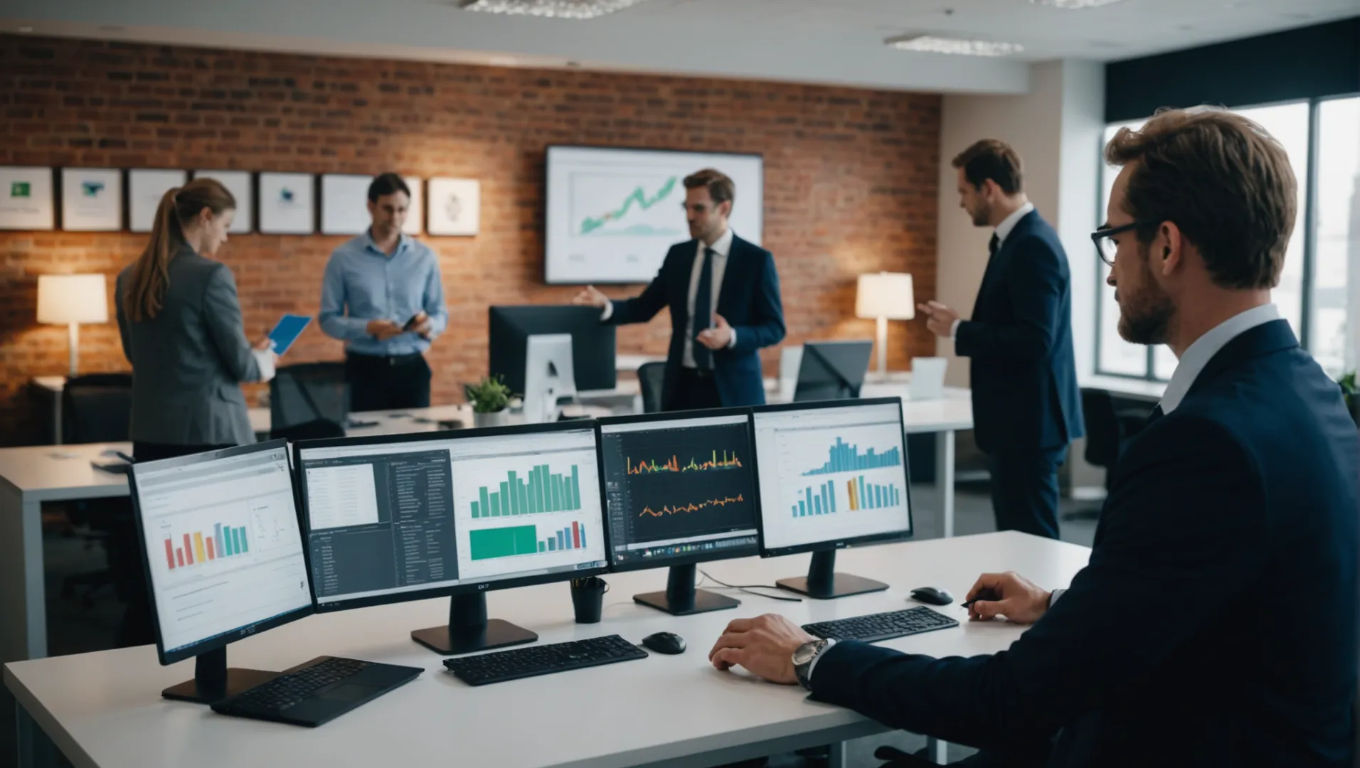 A professional office with a team discussing LED aluminum profiles, charts on a laptop screen showing evaluation criteria