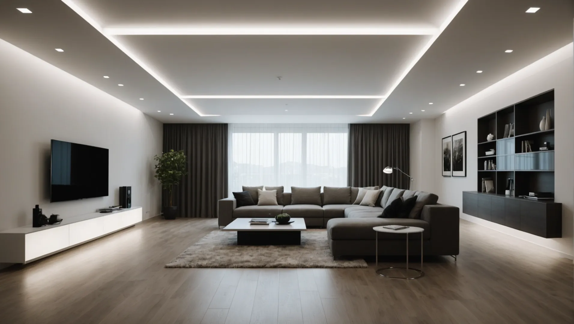 T-shaped LED profile lighting installed in a modern ceiling.
