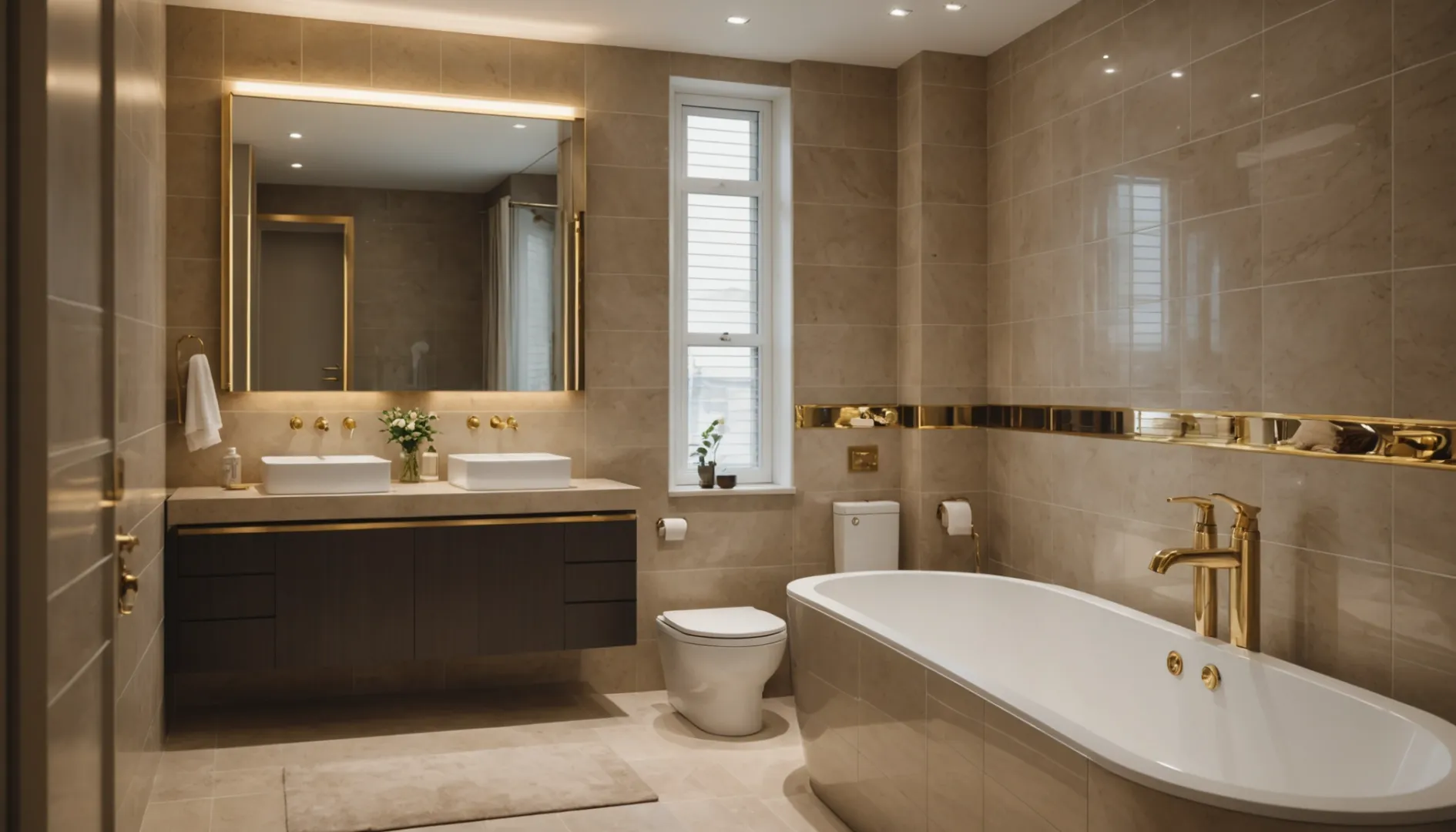 Bathroom with contrasting tile and trim colors