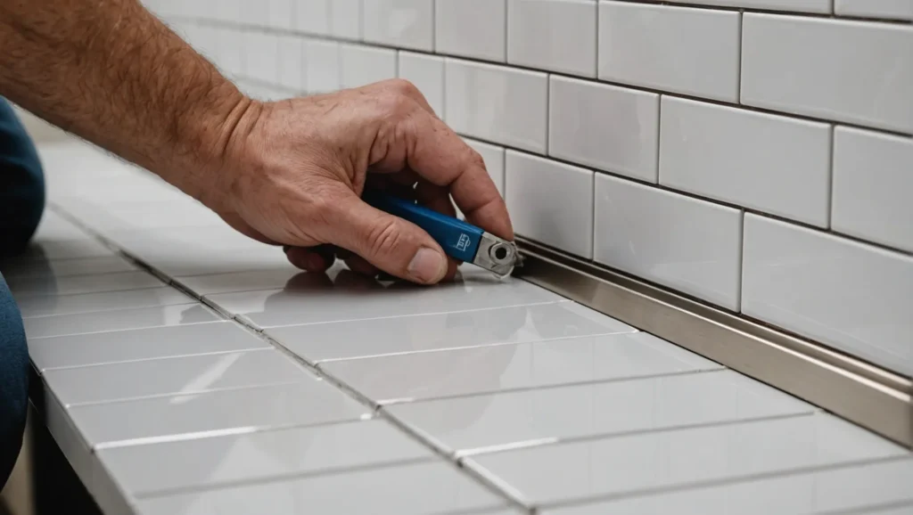 Close-up of tile trim being installed on a tiled wall edge