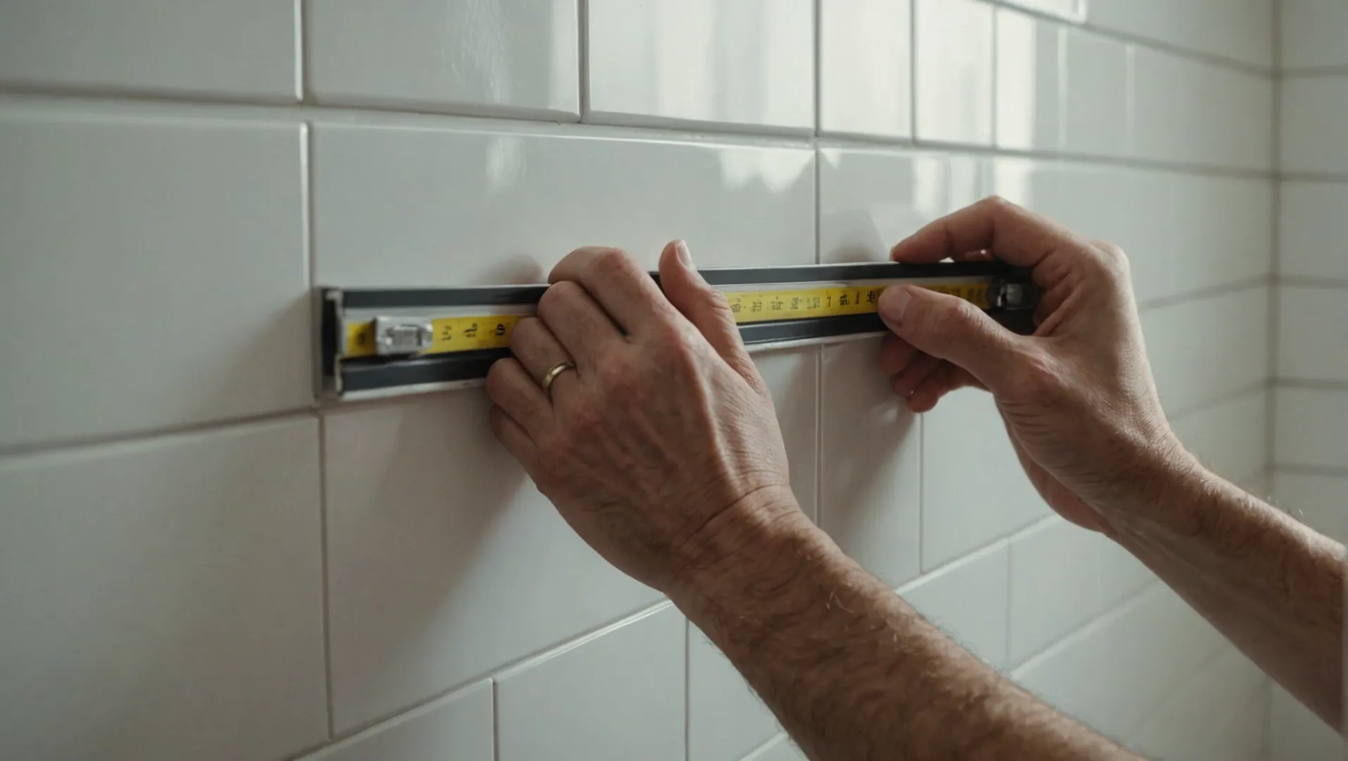 Tile trim installation process showing precise alignment and measuring techniques