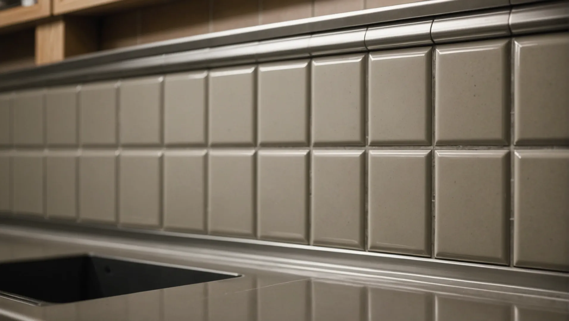 Close-up of tile trim protecting a tiled edge in a kitchen