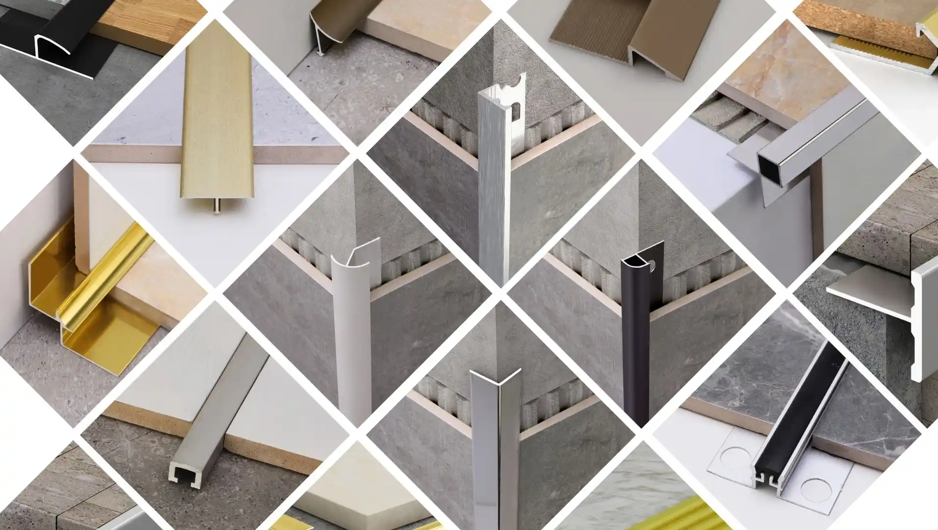 A display of various tile trims including bullnose, edge trim, and corner pieces.