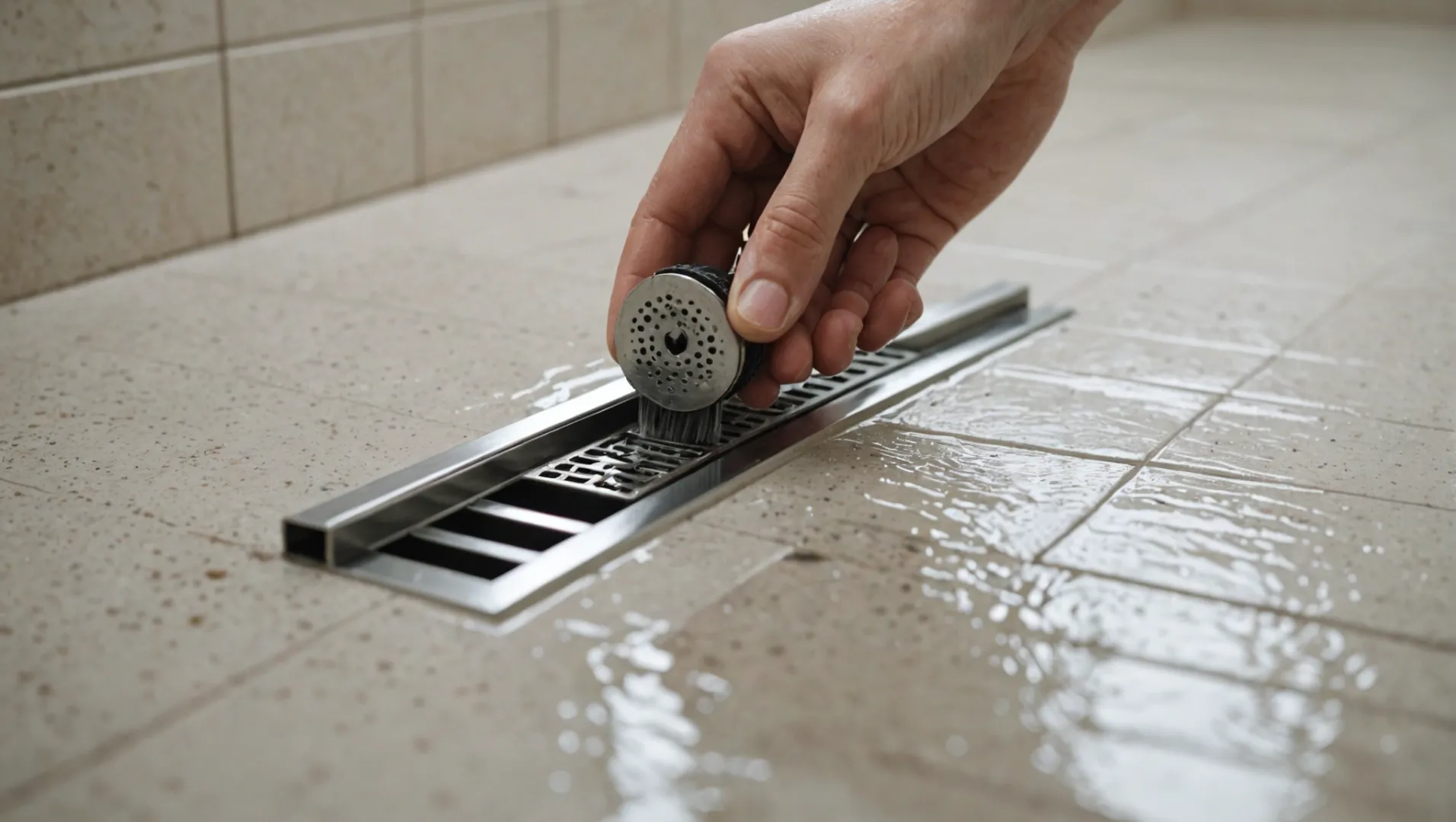 Close-up of a linear shower drain being cleaned