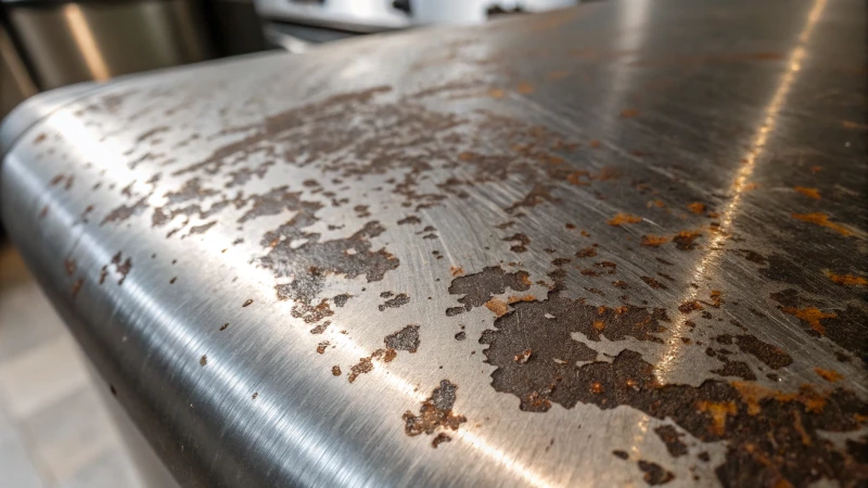 Close-up of a stainless steel surface with black oxide issues