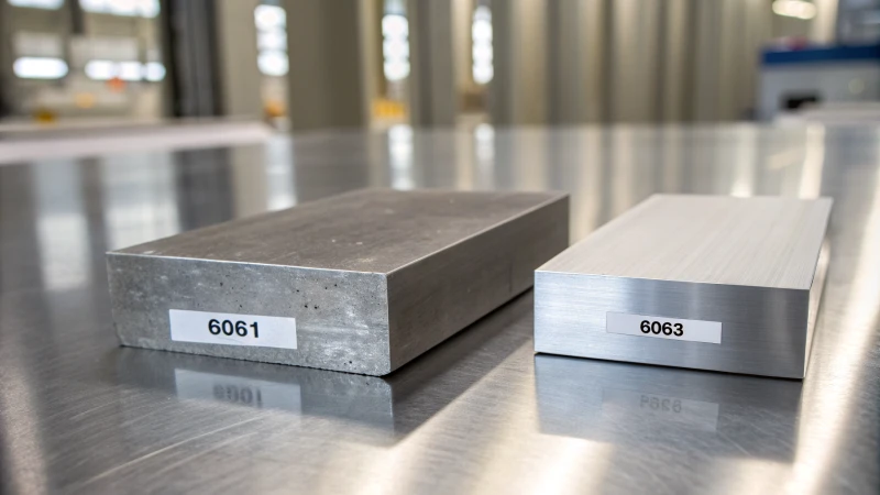 Two aluminum alloy samples labeled 6061 and 6063 on a metal surface
