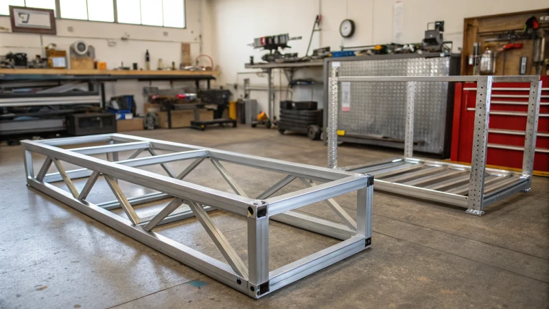 Aluminum and steel frames displayed in a workshop