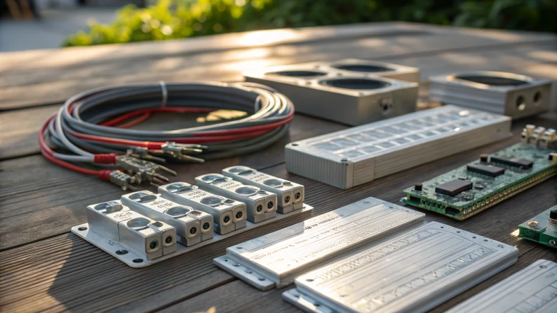 Close-up view of aluminum electrical components on a wooden table