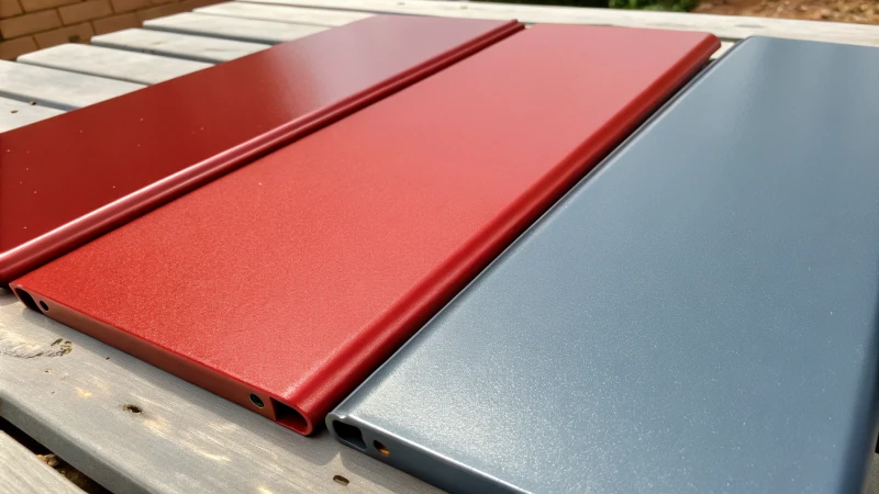 Close-up view of three aluminum panels with different finishes.
