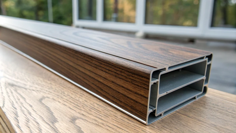 Close-up of aluminum profile with wood grain finish