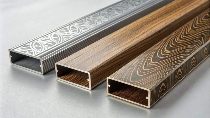 Collection of aluminum profiles with wood grain patterns