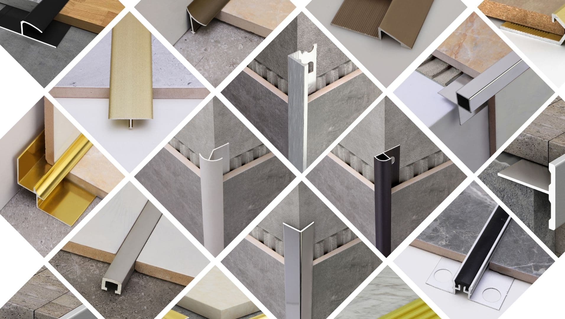 A stylish display of aluminum tile trims in various shapes and finishes.