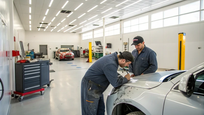 Technicians working on a vehicle in an auto body shop