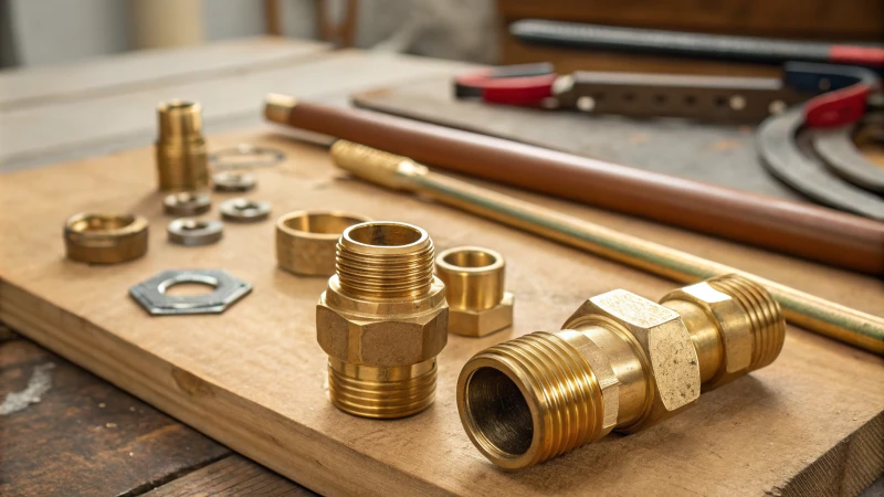 Close-up of brass fittings on a wooden workbench