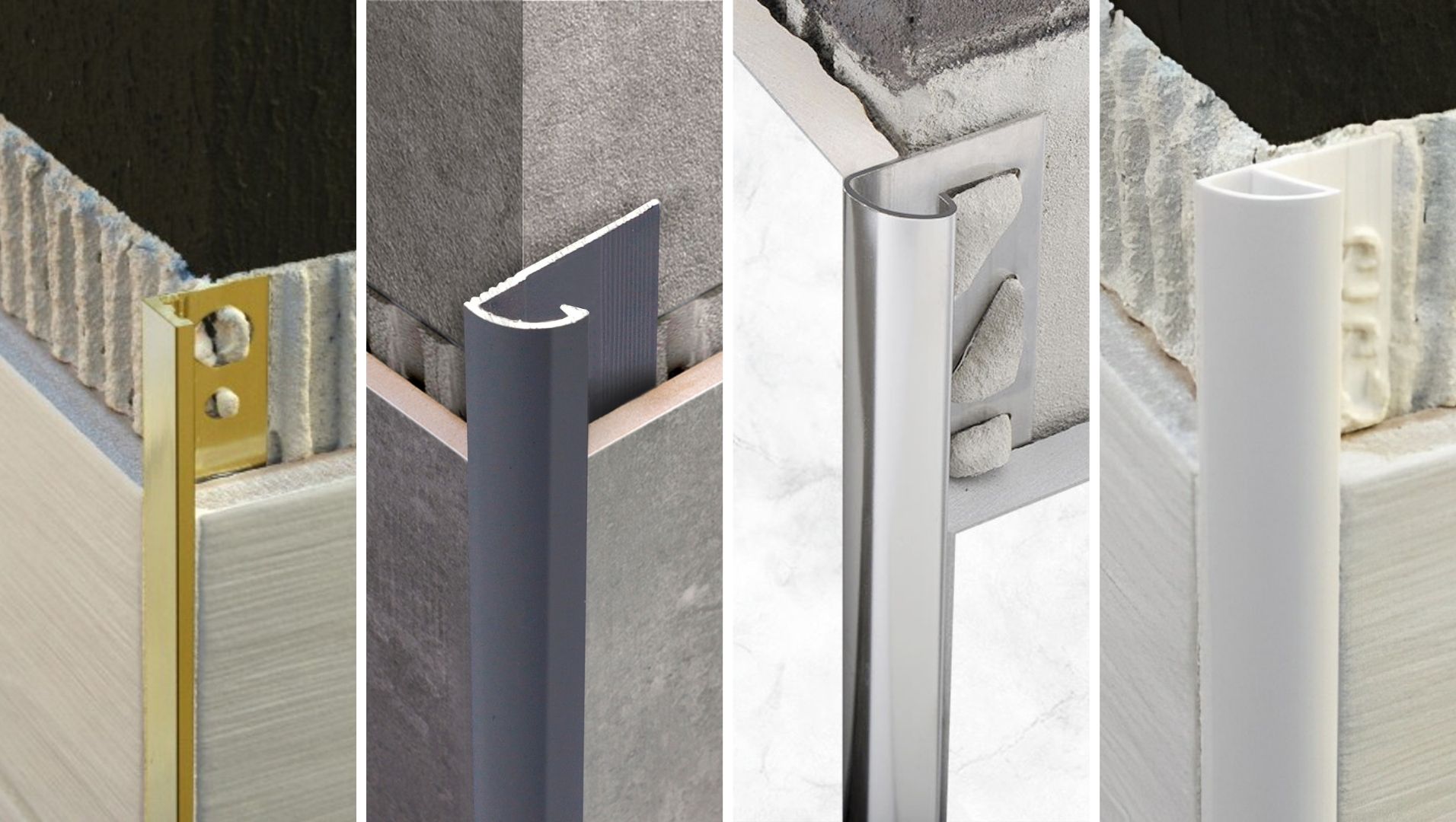 Brass tile trim with aluminum, stainless steel, and plastic trims