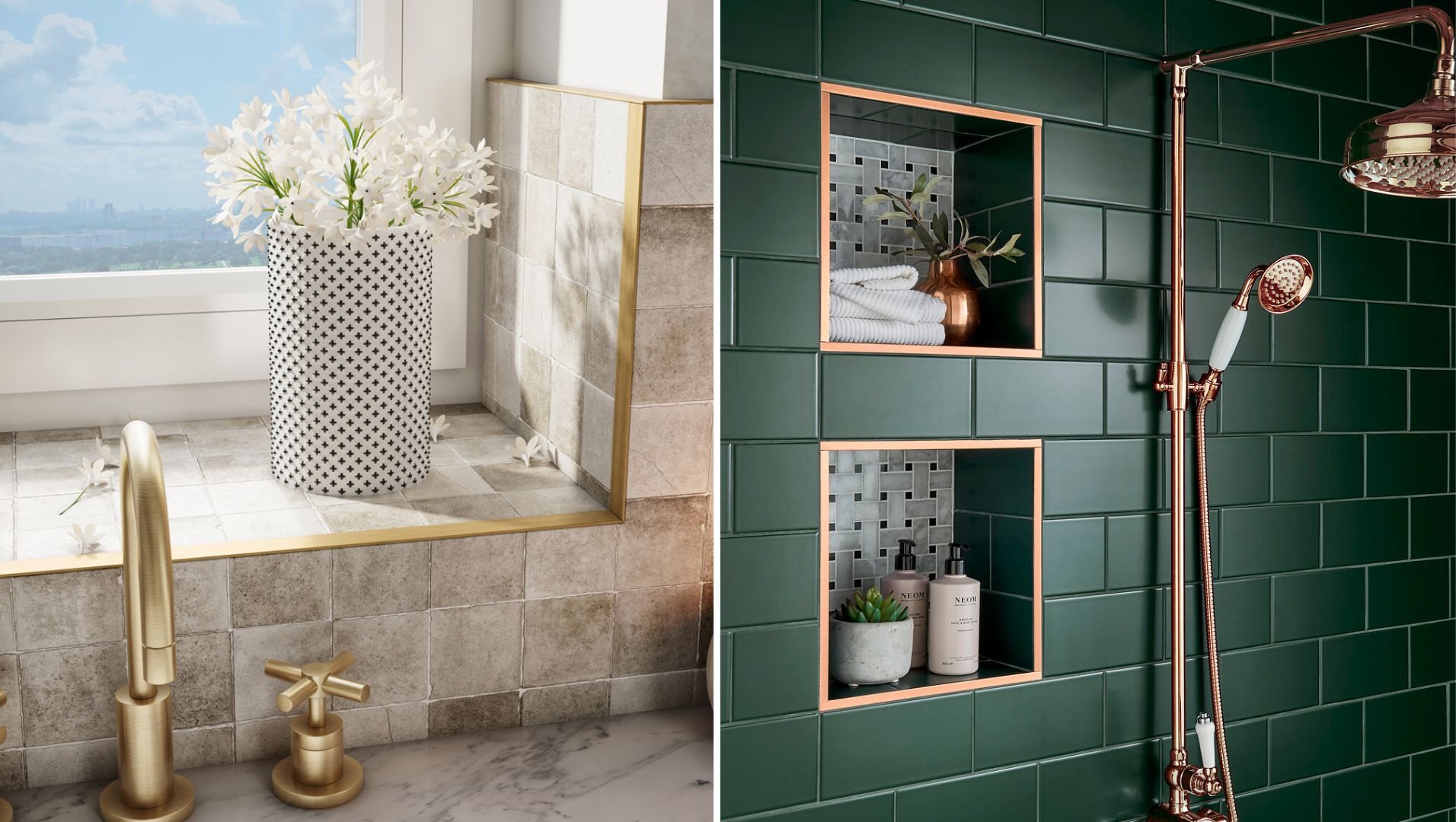 Elegant interior with brass tile trim accents