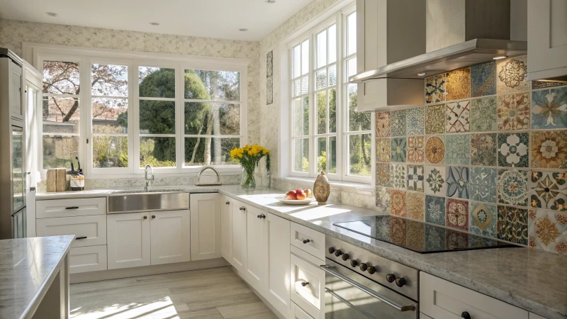 A modern kitchen with colorful tiles and sunlight streaming through the window