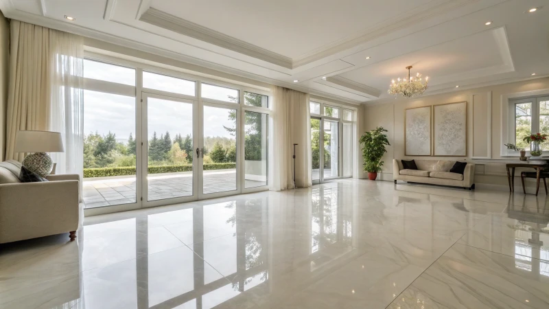 Bright modern interior room with sleek floor coving and large windows