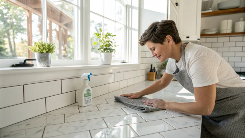 A person cleaning matte porcelain tiles in a modern kitchen