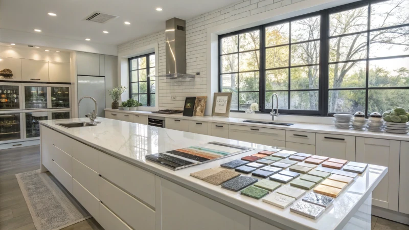 A bright modern kitchen with tile samples on the countertop