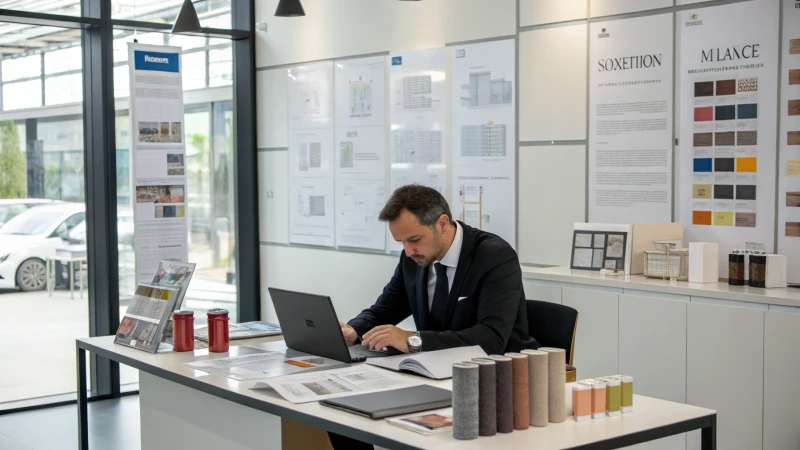 Business professional at a modern desk with product samples