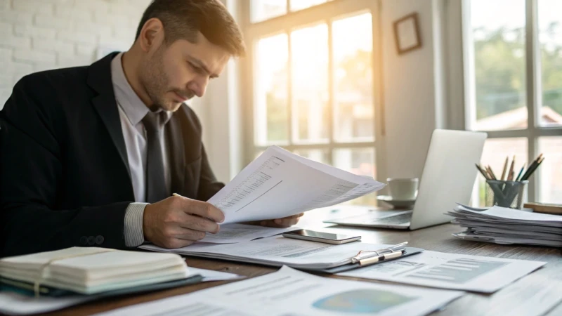 A business professional reviewing import documents in a sleek office
