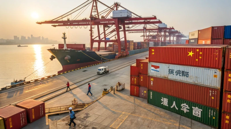 A busy shipping port with a cargo ship and colorful containers