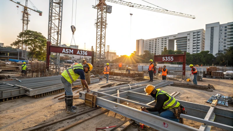 Construction site with workers and metal beams