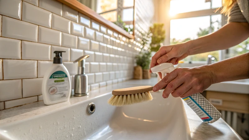 Close-up of hands cleaning matte porcelain tiles with a soft-bristle brush.