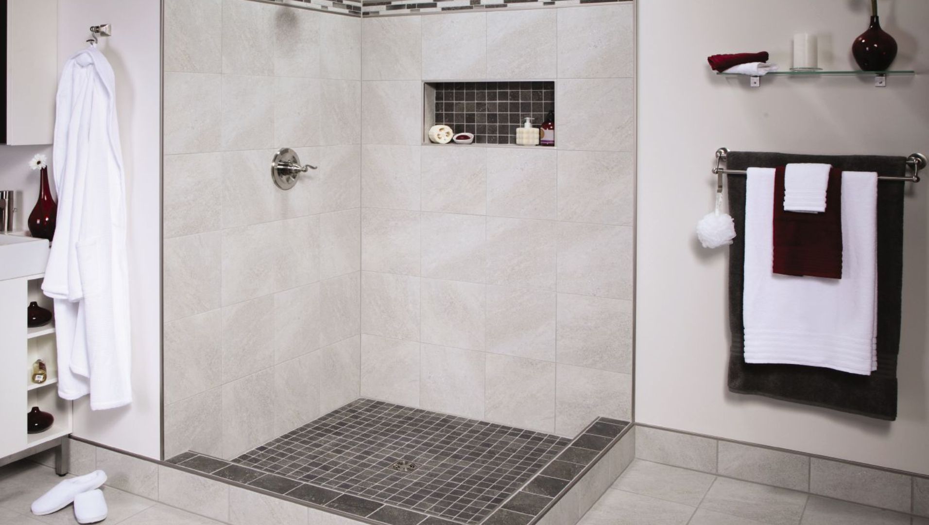 Close-up of stylish trim tiles in a modern bathroom