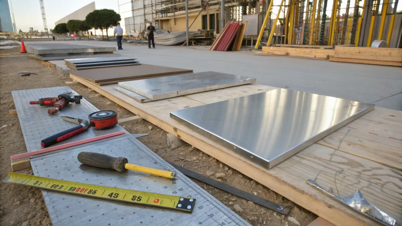 Comparison of construction materials: steel panel, aluminum sheet, and stainless steel piece on a construction site