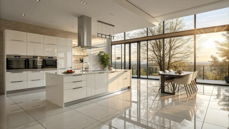 Bright contemporary kitchen with high gloss tiles and large windows