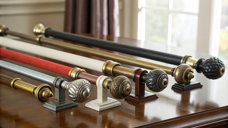 An assortment of stylish curtain rods on a wooden table