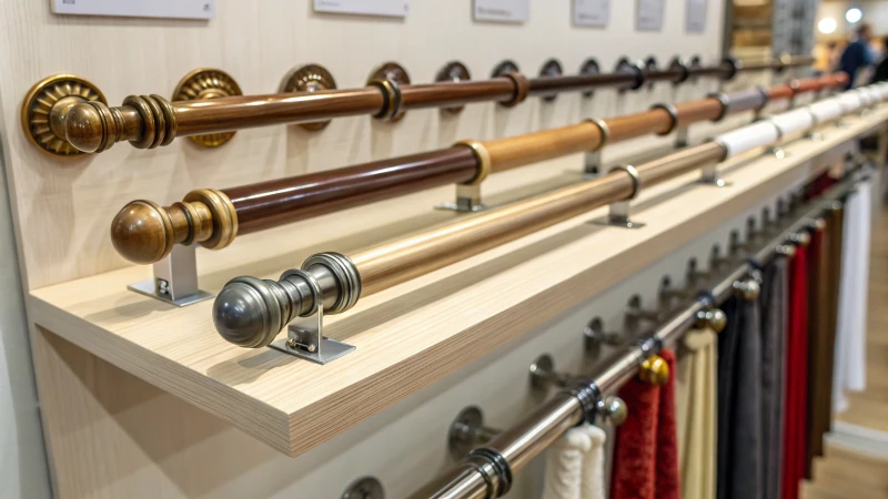 Photorealistic display of curtain rods on a shelf